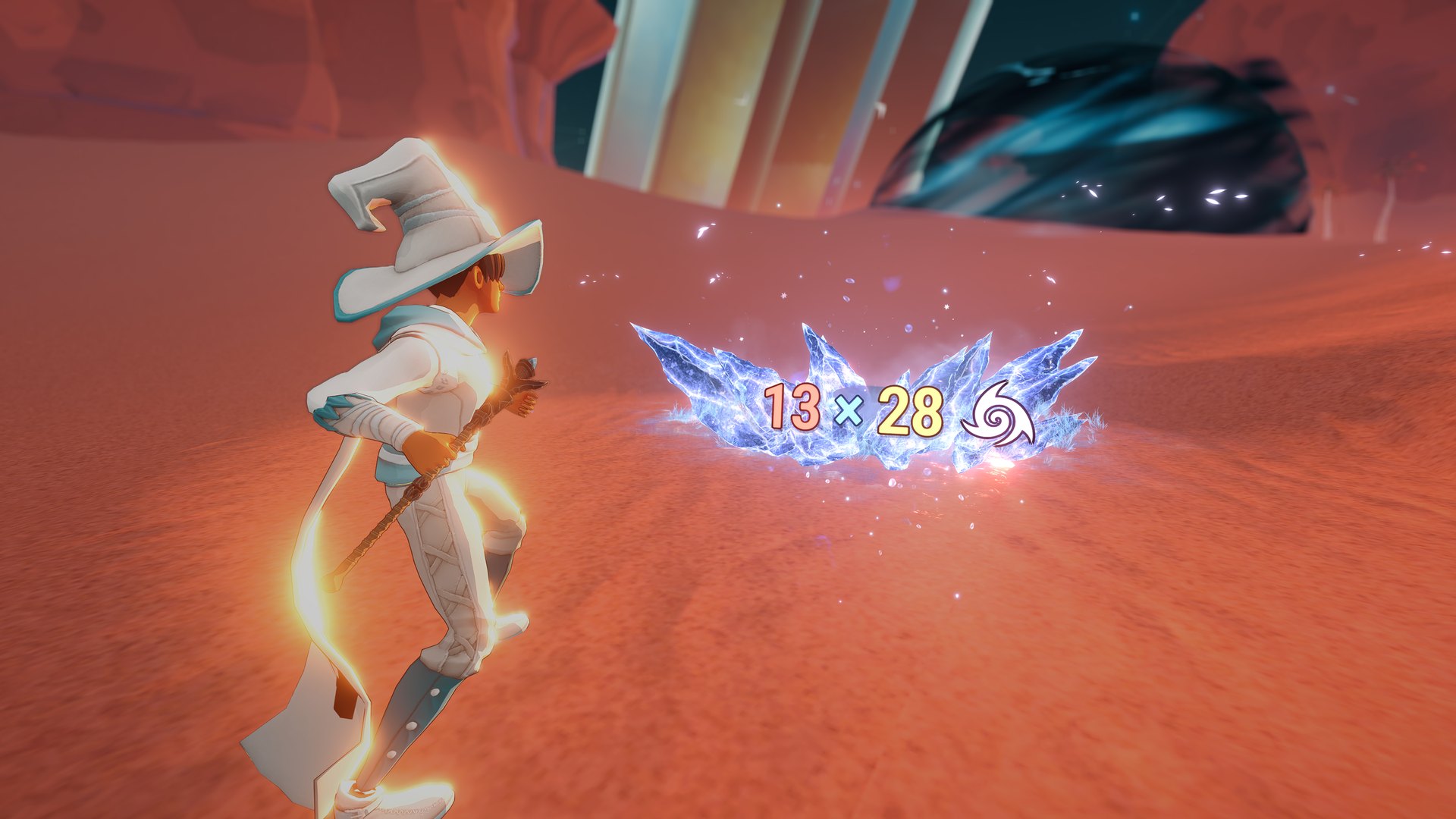 Carta Bellum combat screenshot, a crystal spell hitting for 13 times 28 damage in a red desert