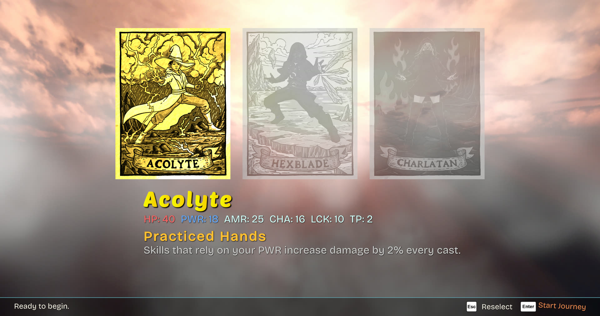 Carta Bellum character select screenshot, choosing between the Acolyte, Hexblade, and Charlatan